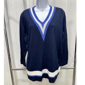 Stylish Navy Blue V-Neck GISPA Sweater with Striped Accents Made in Italy